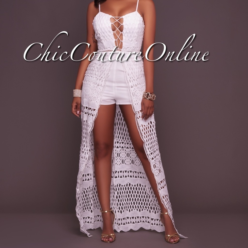 WHITE CROCHET ROMPER MAXI DRESS